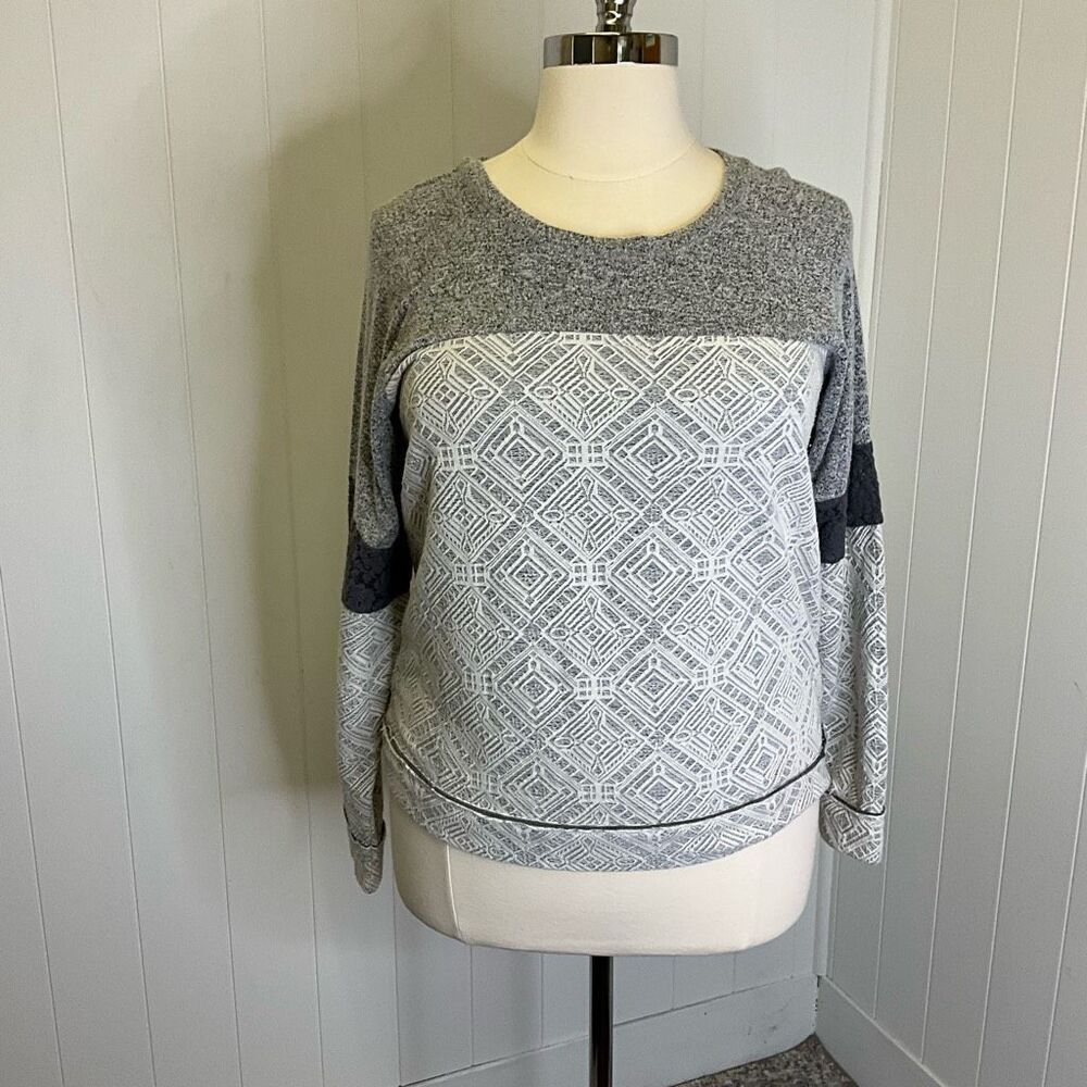 Knox Rose Women's XL Grey Lace Detail Long Sleeve Shirt Top Blouse